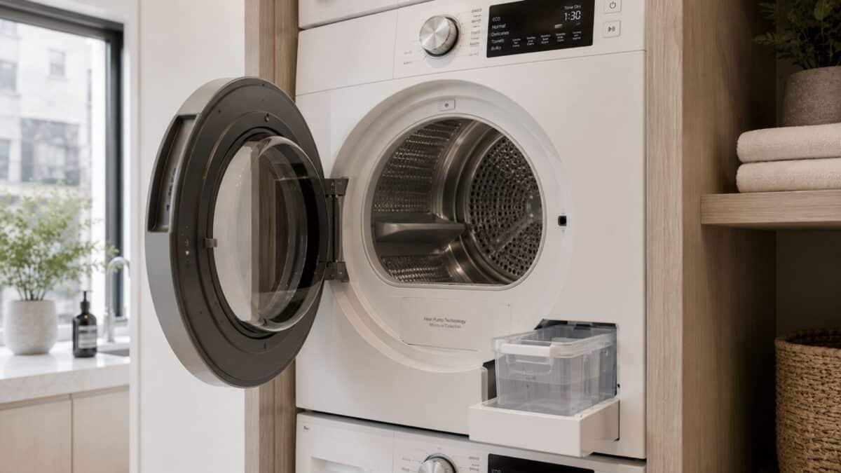 Close-up of a modern ventless heat pump dryer installed in custom millwork within a NYC apartment, featuring a condensation collection tray and minimalist detailing.