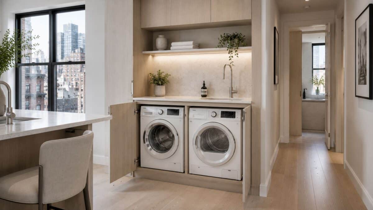 Minimal NYC apartment with an under-counter integrated washer and ventless dryer concealed within custom white oak millwork beside a modern kitchen.