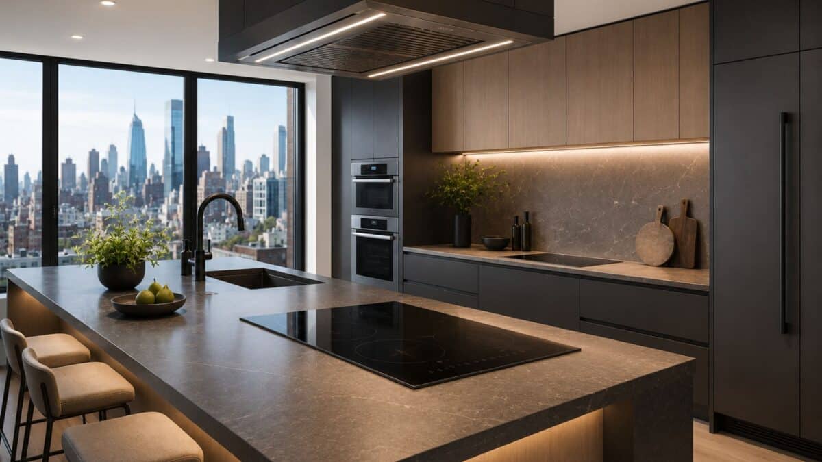 Completed Manhattan all-electric kitchen featuring a seamless induction surface, integrated high-performance ventilation, matte-black cabinetry, pale wood detailing, and panoramic skyline glazing.