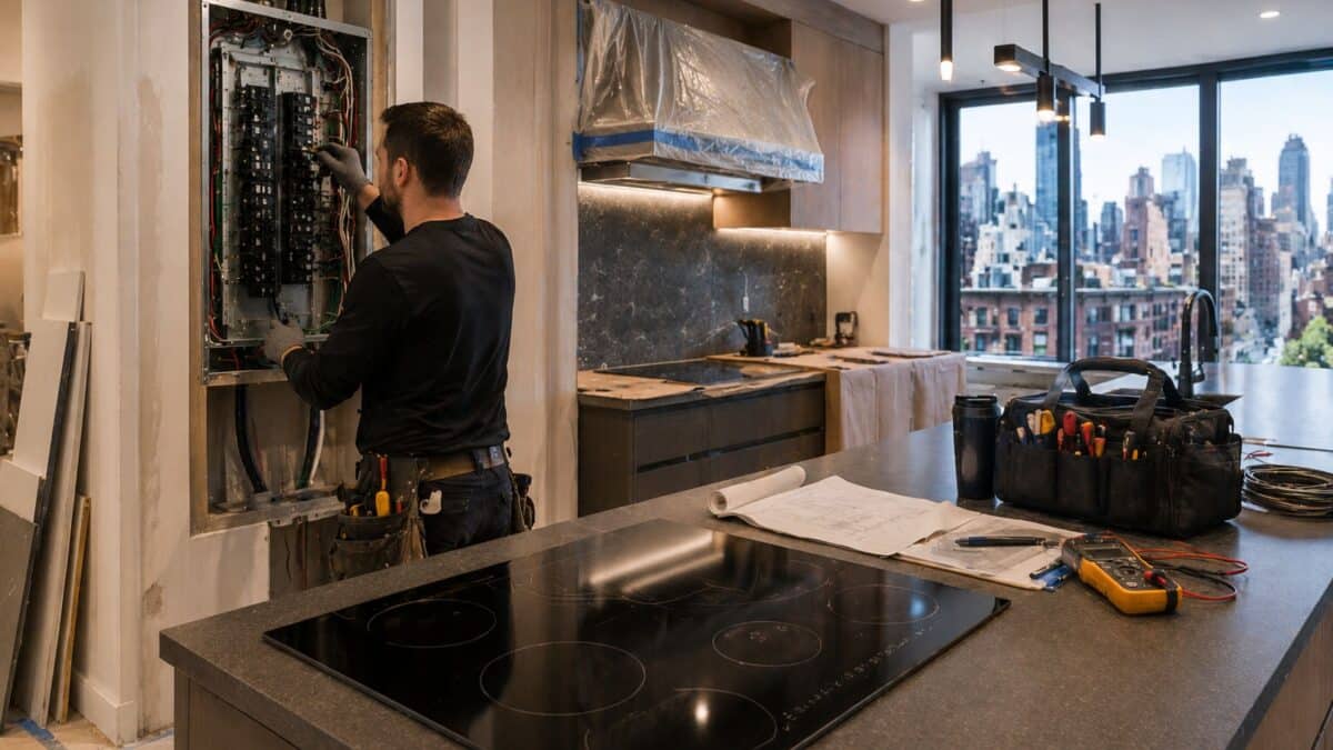 Licensed electrician coordinating dedicated induction circuits inside a Manhattan kitchen renovation with exposed electrical infrastructure, matte-black induction surfaces, and organized construction sequencing.