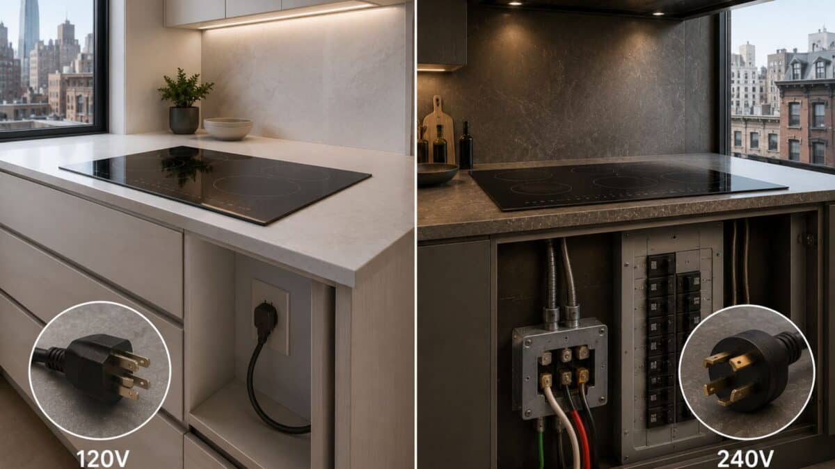 Split architectural visualization comparing compact plug-in induction infrastructure with professional-grade hardwired induction systems inside modern Manhattan kitchens.