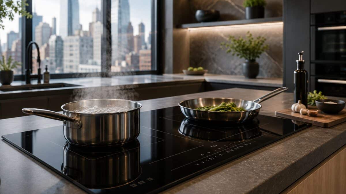 Luxury Manhattan induction kitchen with precision cookware, boiling water on a matte-black glass cooktop, integrated ventilation, and sleek urban-modern cabinetry.