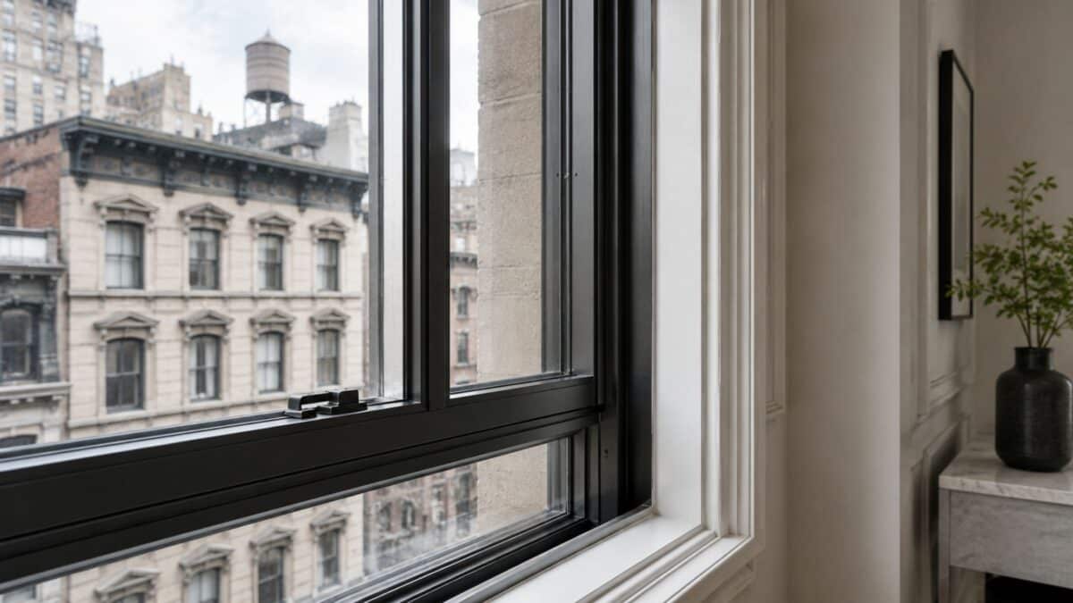 Close-up of a high-performance black-framed window installed within a historic NYC apartment, combining modern thermal efficiency with preserved landmark detailing.