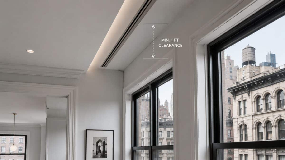 Bright landmark apartment interior showing recessed ceiling details positioned above tall historic windows, illustrating careful preservation of visible window lines during renovation.