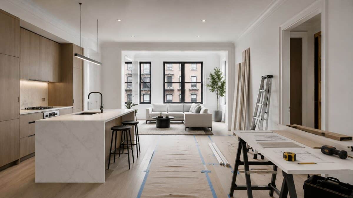 Bright modern NYC apartment renovation with interior construction work occurring away from street-facing windows, featuring minimalist finishes and preserved historic proportions.