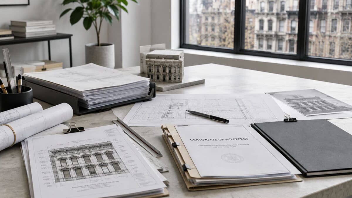 Bright architectural workspace with landmark elevation drawings, permit documents, and renovation plans arranged on a clean table beside large NYC windows.