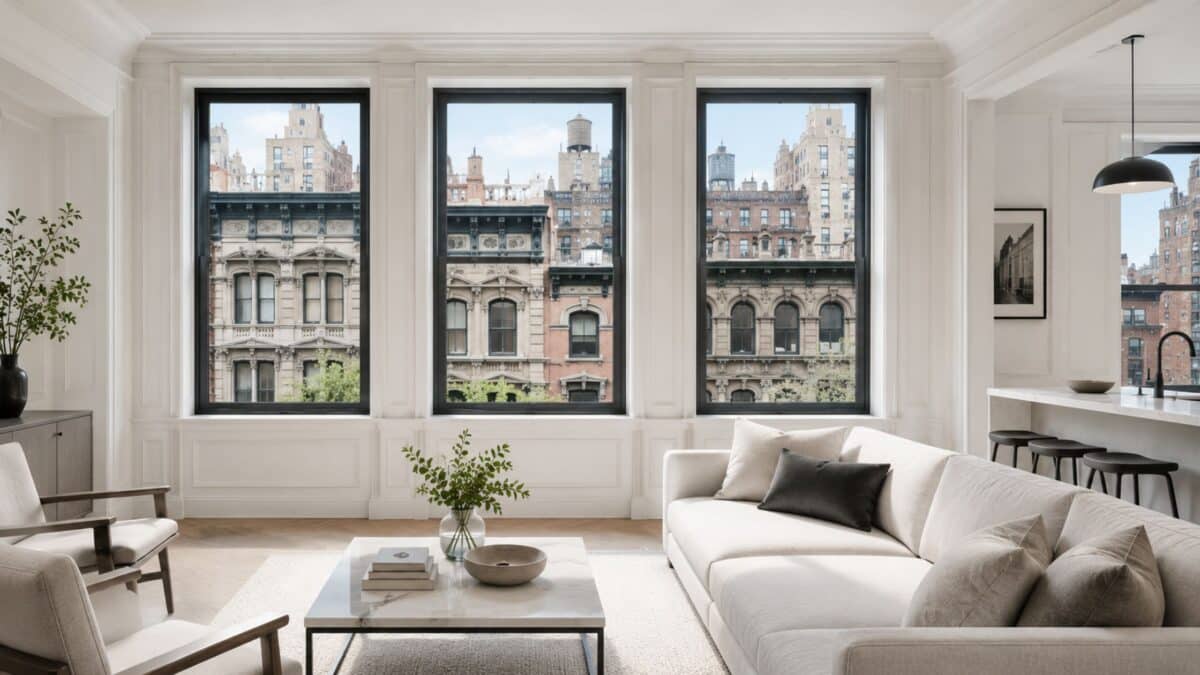 Minimal modern NYC apartment interior with historic pre-war buildings visible through large black-framed windows, blending contemporary living with landmark architecture.