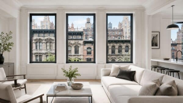Minimal modern NYC apartment interior with historic pre-war buildings visible through large black-framed windows, blending contemporary living with landmark architecture.