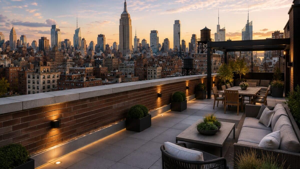 Finished Manhattan rooftop terrace with restored parapet walls, integrated safety-compliant masonry, modern outdoor living areas, architectural lighting, and panoramic skyline views.