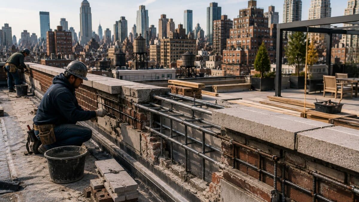 Manhattan rooftop renovation with structural parapet reinforcement, exposed steel rebar integration, masonry reconstruction, and future roof-deck construction against a dense skyline backdrop.