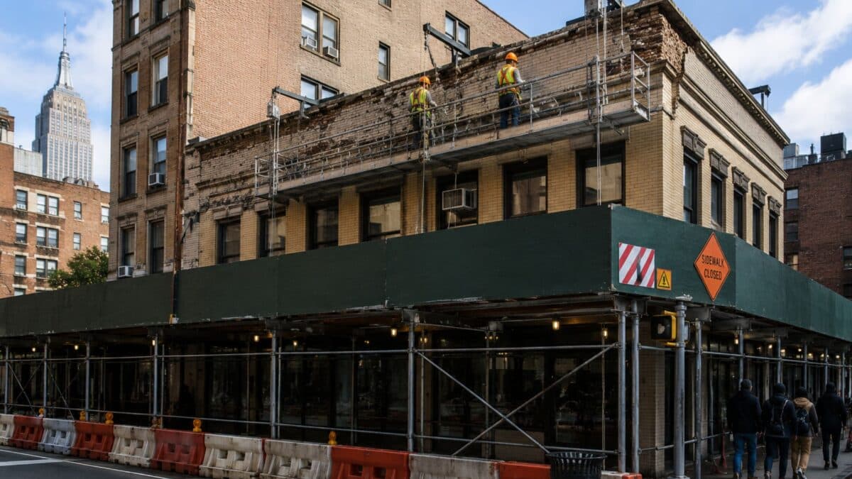 Manhattan building with active parapet stabilization work, suspended repair crews, emergency sidewalk shed protection, and public-safety barriers along a dense urban streetscape.