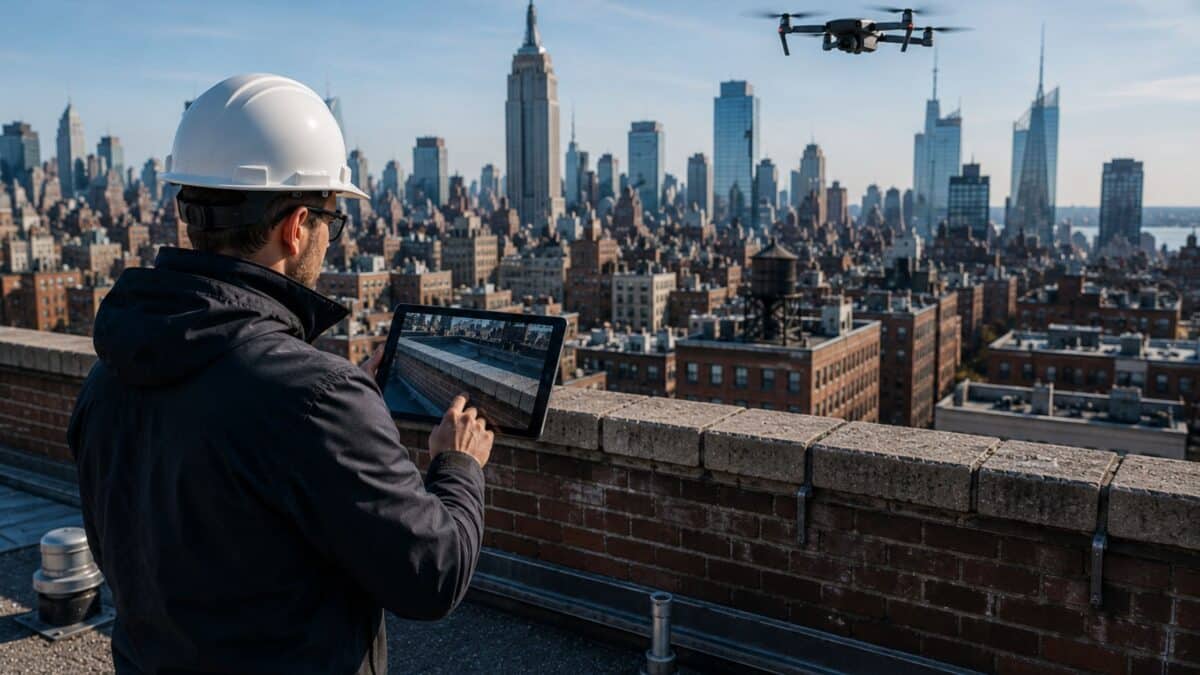 Licensed rooftop inspector using drone-assisted parapet observation technology on a Manhattan building with tablet-based condition review and skyline rooftop context.