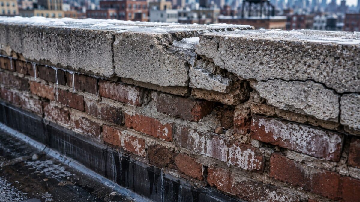 Close-up winter view of deteriorated Manhattan parapet masonry with cracked coping stones, failed mortar joints, water intrusion staining, and freeze-thaw damage against an urban skyline backdrop.