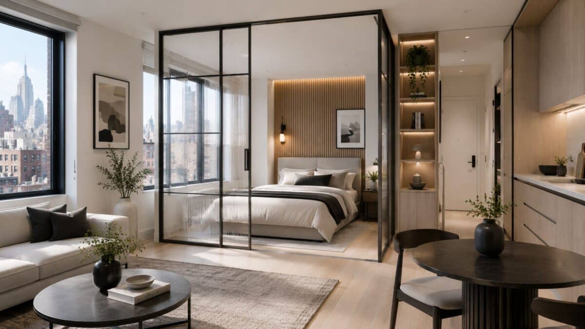 Bright NYC studio apartment with a sleeping area enclosed by fluted glass and black steel partitions, allowing natural light to flow through the entire space.