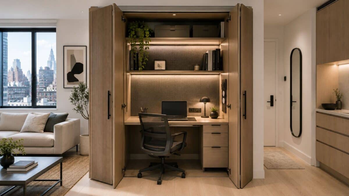 Hidden closet-office workspace integrated into custom millwork within a bright NYC studio apartment, featuring acoustic panels, concealed lighting, and a compact desk setup.