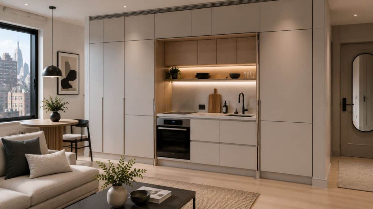 Minimal NYC studio apartment with a monolithic wall of matte cabinetry concealing an integrated kitchenette, creating a seamless uncluttered living space.