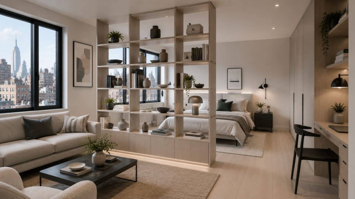 Bright NYC studio apartment using open floor-to-ceiling shelving as a semi-transparent divider between the living room and sleeping area.