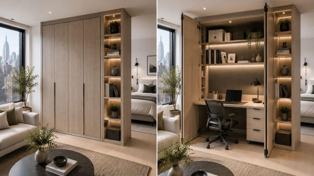 Transformable NYC studio apartment furniture system with concealed millwork opening to reveal a hidden integrated workspace and storage solution.