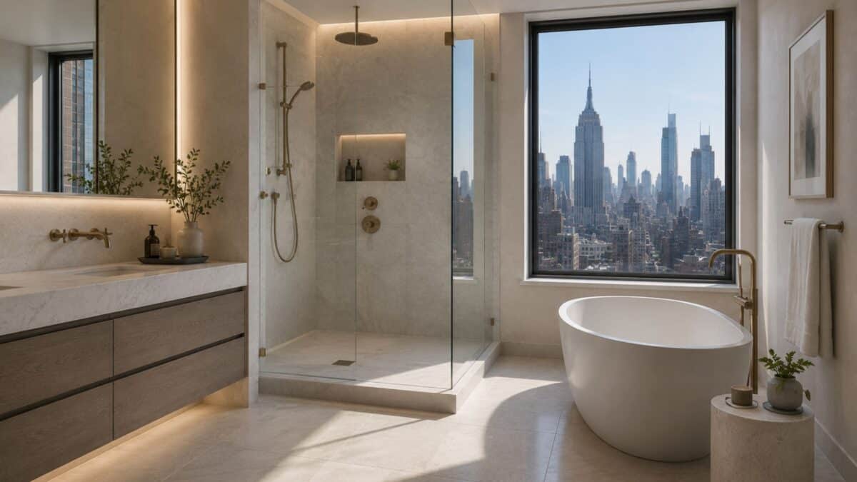 Completed Manhattan luxury bathroom featuring seamless stone detailing, oversized glass shower, floating vanity, concealed waterproofing systems, and panoramic skyline glazing.