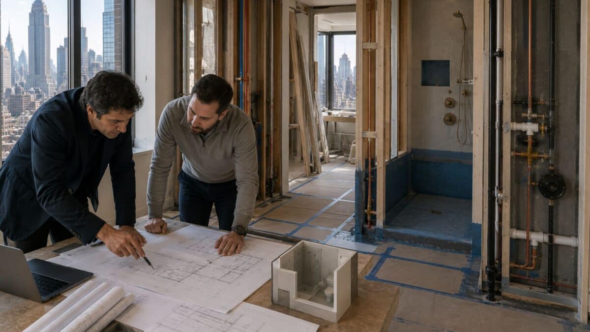 Architect and contractor reviewing bathroom expansion plans inside a Manhattan apartment renovation with exposed plumbing systems, waterproofing preparation, and high-rise construction sequencing.