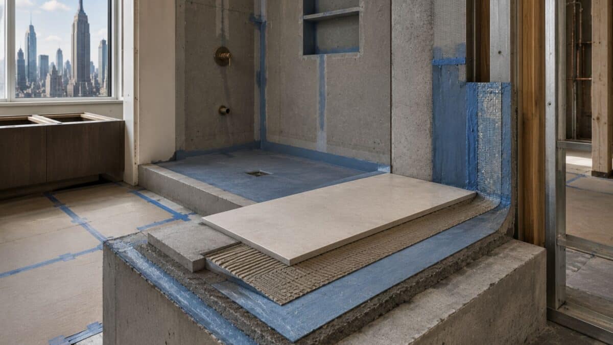 Manhattan bathroom renovation showing layered waterproofing membrane installation, reinforced shower pan assembly, exposed substrate transitions, and luxury wet-area construction detailing.