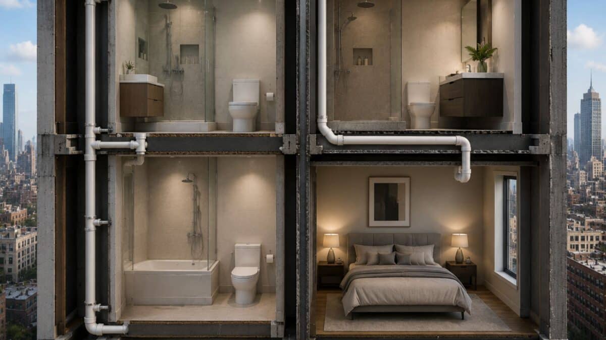 Architectural cutaway rendering of stacked Manhattan apartments showing compliant vertically aligned bathroom plumbing beside a restricted wet-over-dry condition above a bedroom.