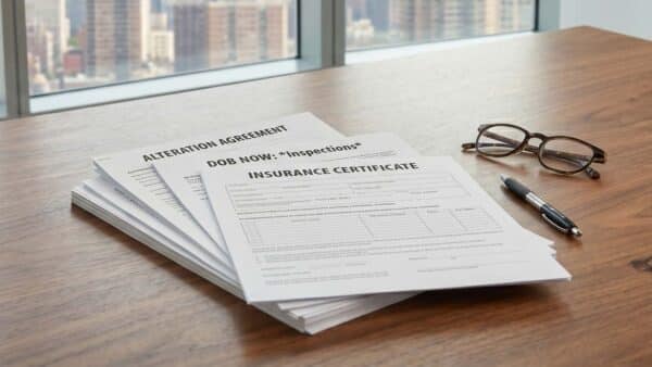 A stack of physical documents labeled "ALTERATION AGREEMENT", "DOB NOW: Inspections" and "INSURANCE CERTIFICATE" sits on a dark wood desk next to glasses and a pen, with a sweeping view of the downtown Manhattan skyline through a window behind it.