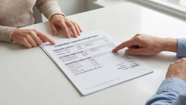 A detailed close-up photograph of an "ITEMIZED LABOR PROPOSAL" document for an NYC renovation, placed on a white table. Two people are pointing to specific line items, including demolition and plumbing costs, which are clearly legible. The document shows separate columns for 'Labor Est.' and 'Total'. A blurred window view of NYC is in the background.
