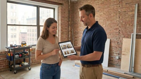 A homeowner and a renovation project manager stand together in an apartment under construction, both looking at and pointing to a digital progress report on a handheld tablet. The background shows exposed brick walls and scattered tools, illustrating an active work site.