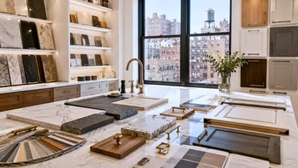 A couple walks down the center aisle of a bright, modern kitchen and bathroom showroom branded "MYHOME". A female designer guides them past full-scale displays featuring white marble countertops, sleek cabinetry, and a large tile sample wall on the right. In the background, other designers and clients are visible at workstations near a large window.