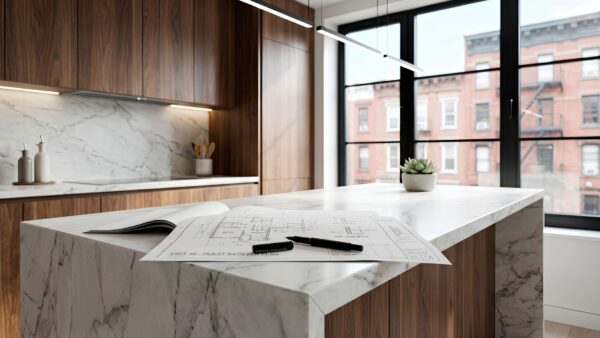 Modern luxury kitchen renovation focusing on a quartzite waterfall island with architectural plans laid out in crisp daylight.