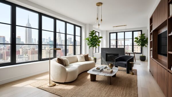 High-end open-concept apartment renovation in a premium New York City building showcasing flawless finishes and skyline views.