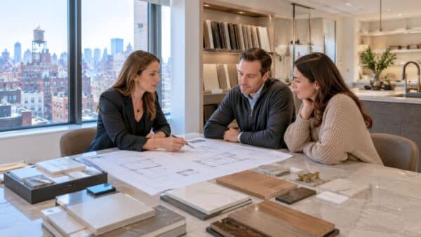 Designer, project manager, and homeowner reviewing renovation plans and material selections in a luxury Manhattan showroom, illustrating the full-service coordination required for NYC co-op board approval and apartment renovations.