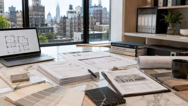 Architectural plans, renovation documents, material samples, and permit-related paperwork arranged in a professional Manhattan design office, representing the documentation required for NYC co-op board approval and renovation planning.