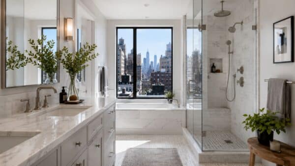 Luxury pre-war Manhattan bathroom renovation featuring marble finishes, a custom double vanity, glass-enclosed shower, soaking tub, and city views, showcasing the craftsmanship and planning required for high-end NYC apartment renovations.