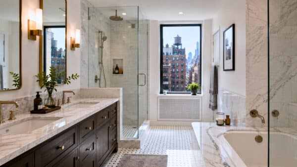 Project manager and skilled tradesperson coordinating a luxury Manhattan apartment renovation, demonstrating the planning, scheduling, and on-site management required to navigate NYC building restrictions and renovation timelines.