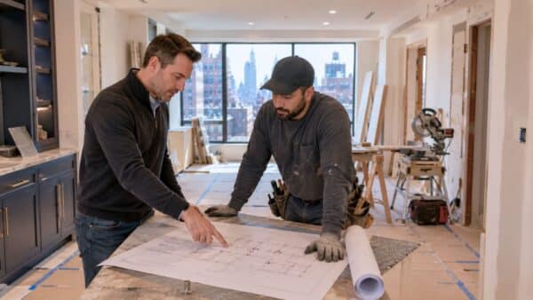 Completed luxury Manhattan apartment renovation featuring an open-concept kitchen, dining, and living area with custom millwork, premium finishes, abundant natural light, and expansive New York City views.
