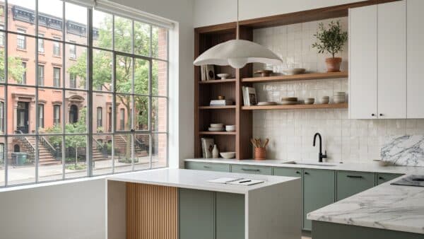 Elegantly curated kitchen renovation showing sage green cabinets, fluted marble accents, and a large window facing a Brooklyn street.