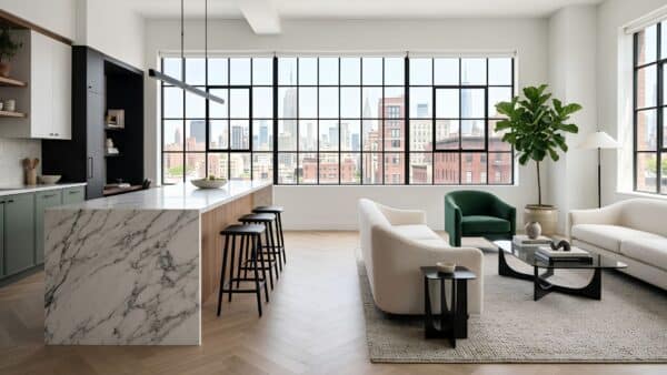 Custom open-concept kitchen and living area renovation in New York City with luxury quartzite finishes and panoramic city views.