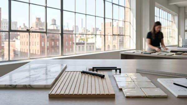 Designer selection table in an NYC showroom displaying marble countertops, ribbed oak cabinet samples, and matte black hardware under bright natural light.