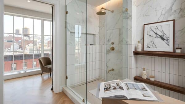 Completed luxury bathroom renovation featuring white oak cabinetry, brass fixtures, a seamless glass shower, and vibrant daylight from a NYC window.