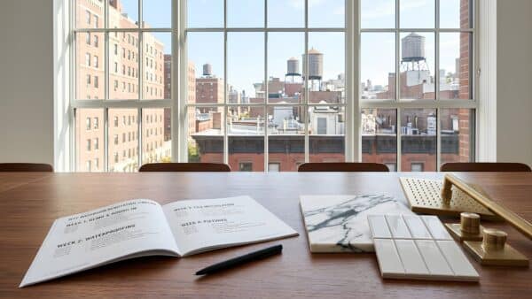 An open weekly renovation schedule portfolio next to brass bathroom fixtures and marble samples in front of a Manhattan window.