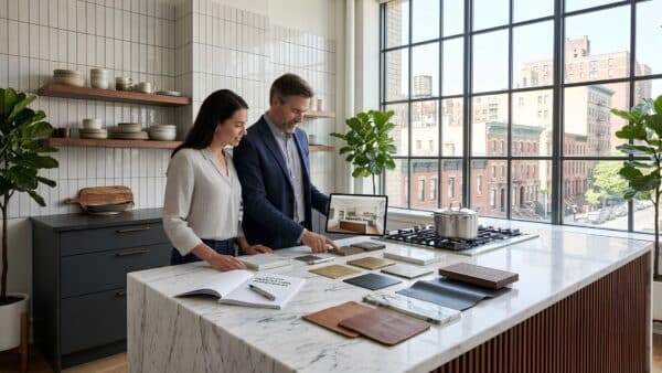 A high-end Manhattan design showroom displaying custom cabinetry, a quartz kitchen island, and a grid window showing Brooklyn brownstones.