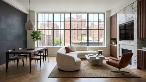 Pristine open-concept living room renovation in a Manhattan co-op showcasing herringbone wood floors, a slate fireplace, and iconic skyline views.