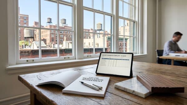 An open renovation agreement and luxury material swatches on a meeting table in front of a window overlooking Upper West Side buildings.