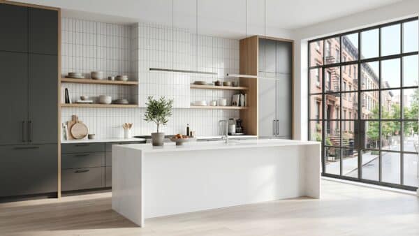Meticulously designed luxury kitchen showing custom charcoal cabinets, a quartz waterfall island, and a grid window looking over classic Brooklyn Heights buildings.