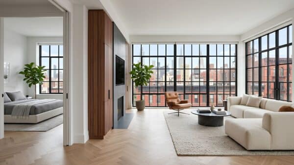 High-end open-concept apartment renovation in a Manhattan co-op showcasing herringbone wood floors, a slate fireplace, and panoramic skyline views.