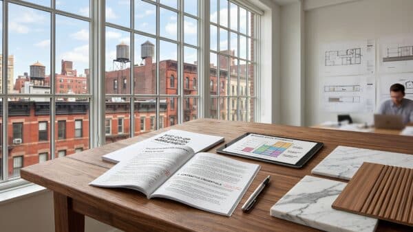 An open Alteration Agreement portfolio alongside marble and walnut material samples in front of a grand window looking out over classic Upper West Side buildings.