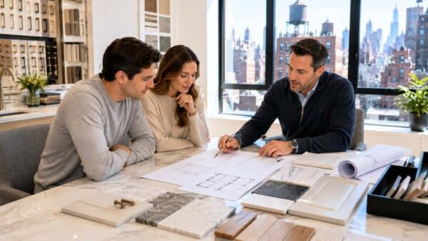 Homeowners reviewing an itemized renovation proposal with a renovation expert in a Manhattan design showroom, discussing project scope, material selections, and budget planning.