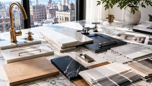 Premium renovation material selections including cabinetry finishes, countertop stone, tile samples, plumbing fixtures, and hardware displayed in a Manhattan design studio for budget planning and product selection.